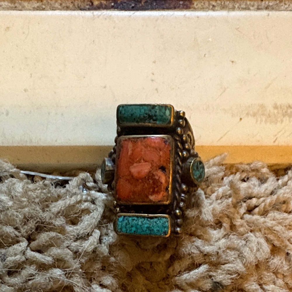 Turquoise and Coral Statement Ring